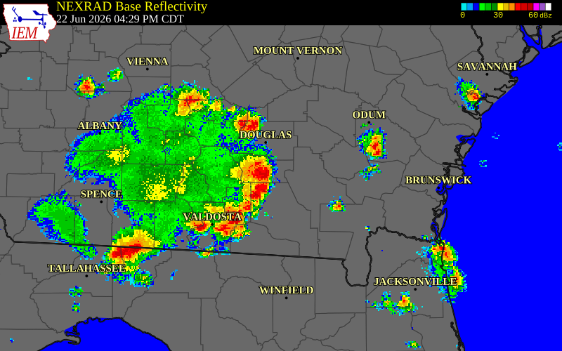 NEXRAD radar during the Monday, June 22, 2026 storm activity in Coffee County, Georgia