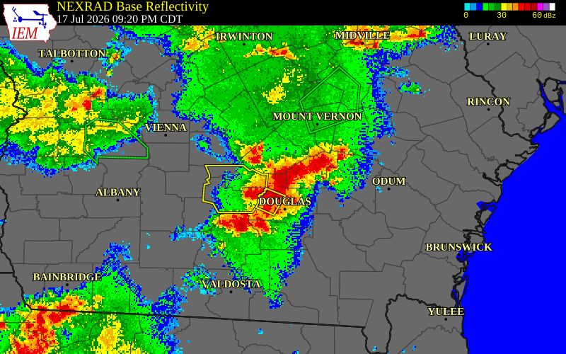 NEXRAD radar during the Friday, July 17, 2026 storm activity in Coffee County, Georgia