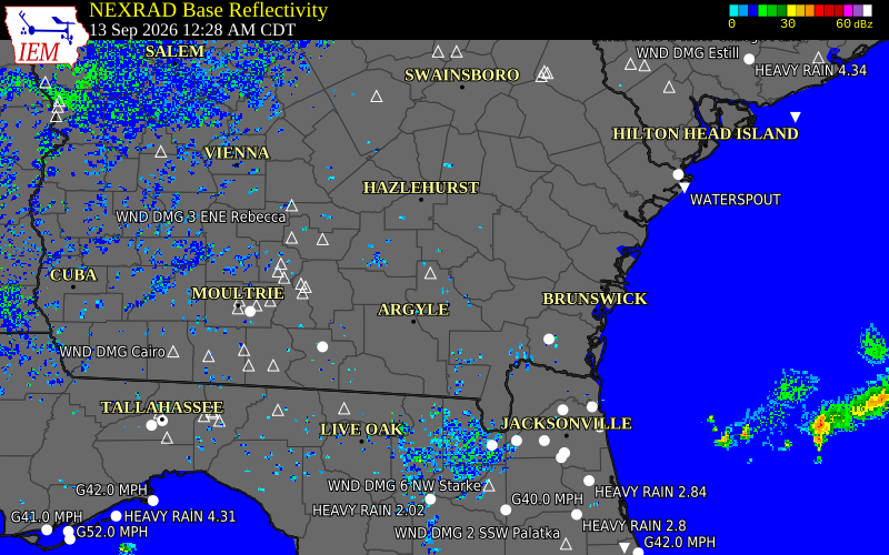 Current NEXRAD radar over Coffee County, Georgia with recent storm report locations