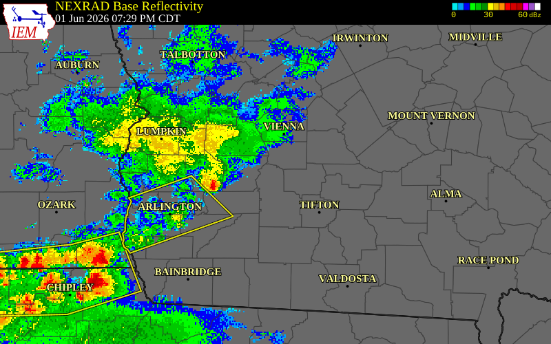 NEXRAD radar during the Monday, June 1, 2026 storm activity in Colquitt County, Georgia