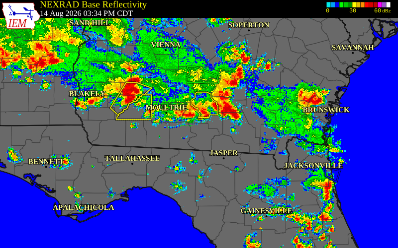Radar snapshot during the Aug 12, 2026 wind event near Colquitt County, Colquitt County, Georgia, with NWS warning polygons