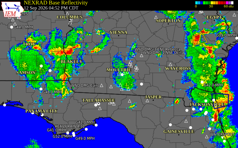 Current NEXRAD radar over Colquitt County, Georgia with recent storm report locations