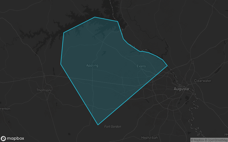Map of Columbia County, Georgia showing the county boundary and surrounding cities