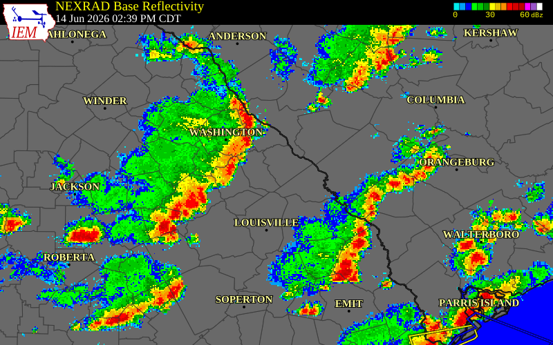 NEXRAD radar during the Sunday, June 14, 2026 storm activity in Columbia County, Georgia