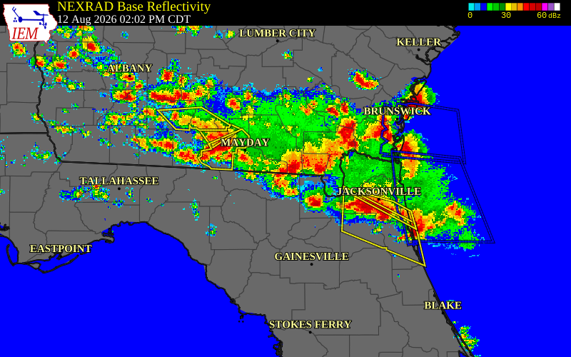 Radar snapshot during the Aug 12, 2026 wind event near Columbia County, Columbia County, Georgia, with NWS warning polygons