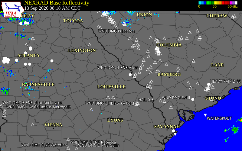 Current NEXRAD radar over Columbia County, Georgia with recent storm report locations