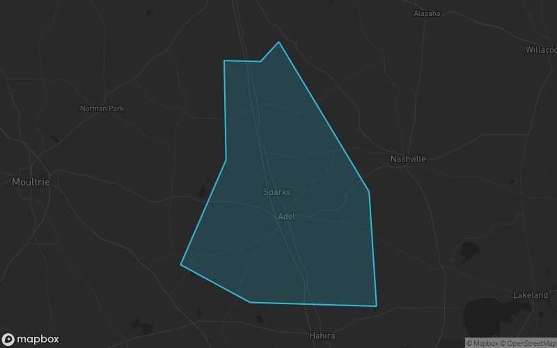 Map of Cook County, Georgia showing the county boundary and surrounding cities