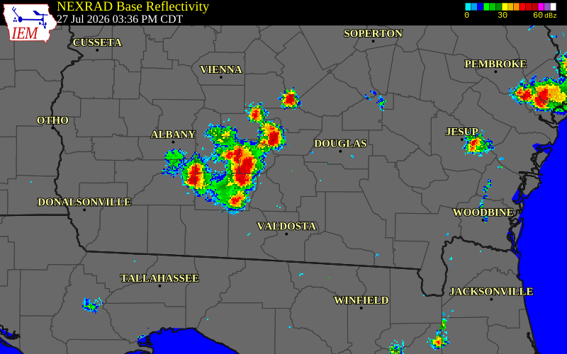 NEXRAD radar during the Monday, July 27, 2026 storm activity in Cook County, Georgia