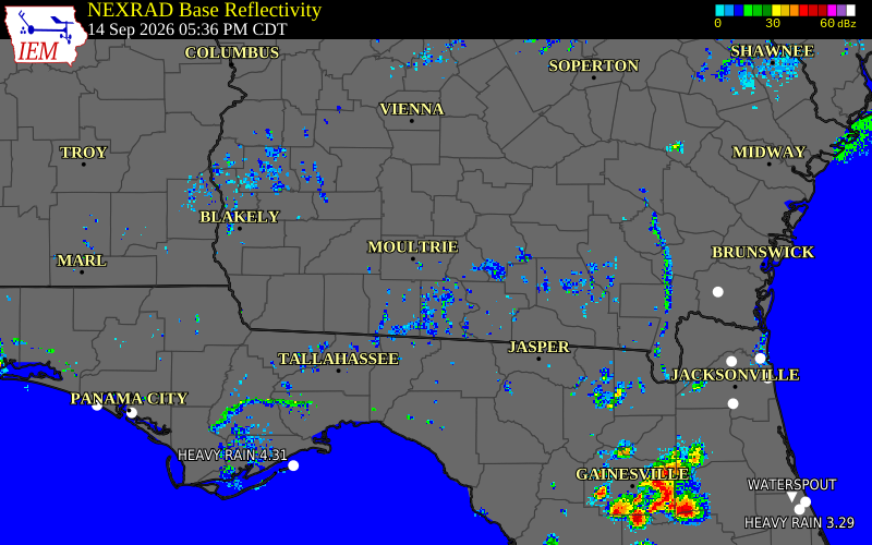 Current NEXRAD radar over Cook County, Georgia with recent storm report locations