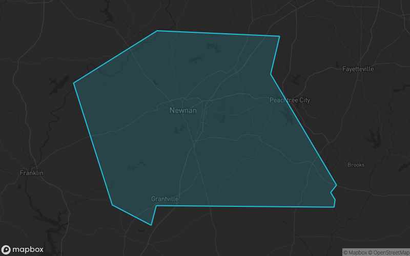 Map of Coweta County, Georgia showing the county boundary and surrounding cities