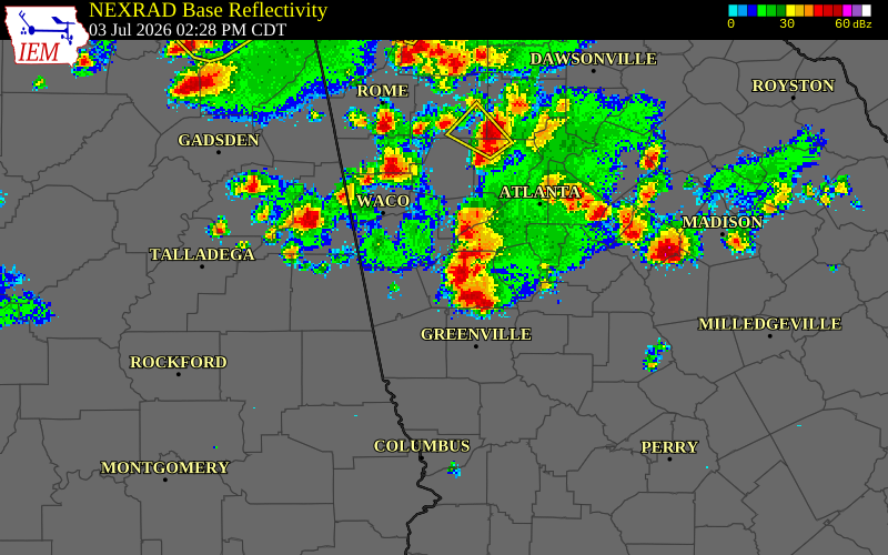 NEXRAD radar during the Friday, July 3, 2026 storm activity in Coweta County, Georgia