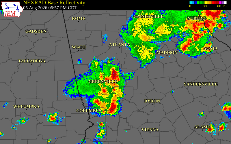 NEXRAD radar during the Wednesday, August 5, 2026 storm activity in Coweta County, Georgia