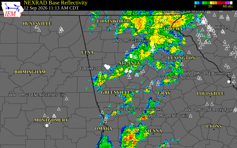 Current NEXRAD radar over Coweta County, Georgia with recent storm report locations