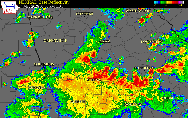 NEXRAD radar during the Sunday, May 24, 2026 storm activity in Crawford County, Georgia