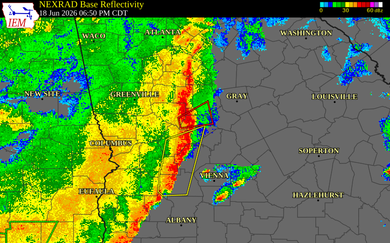 NEXRAD radar during the Thursday, June 18, 2026 storm activity in Crawford County, Georgia