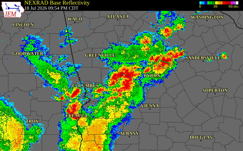NEXRAD radar during the Saturday, July 18, 2026 storm activity in Crawford County, Georgia