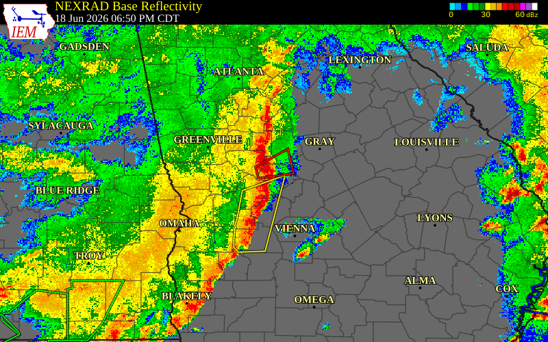 Radar snapshot during the Jun 18, 2026 tornado event near 1 SSE Musella, Crawford County, Georgia, with NWS warning polygons