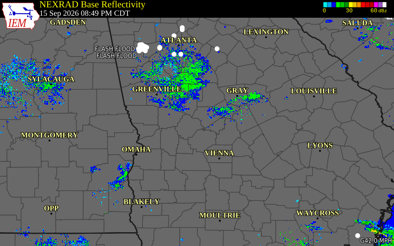 Current NEXRAD radar over Crawford County, Georgia with recent storm report locations