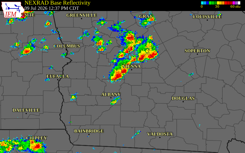 NEXRAD radar during the Thursday, July 9, 2026 storm activity in Crisp County, Georgia