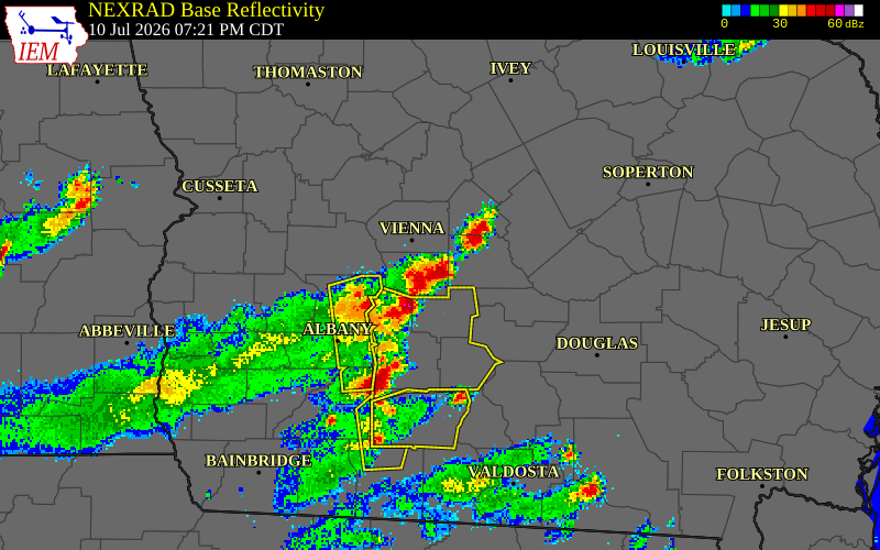 NEXRAD radar during the Friday, July 10, 2026 storm activity in Crisp County, Georgia