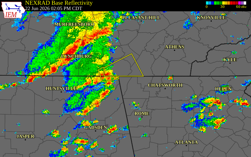 NEXRAD radar during the Monday, June 22, 2026 storm activity in Dade County, Georgia