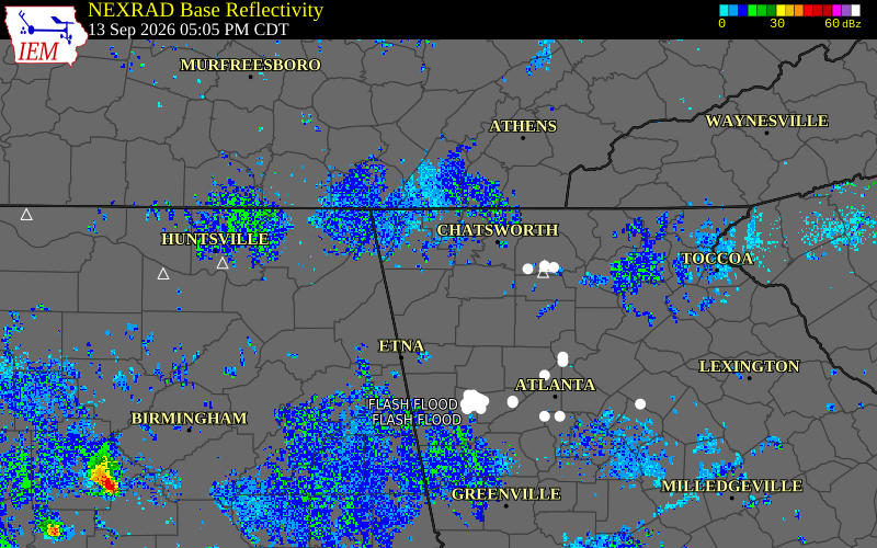 Current NEXRAD radar over Dade County, Georgia with recent storm report locations