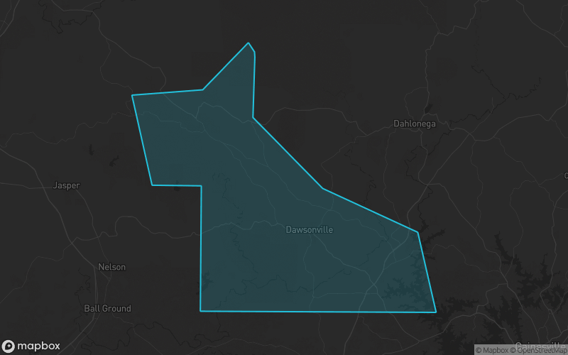 Map of Dawson County, Georgia showing the county boundary and surrounding cities