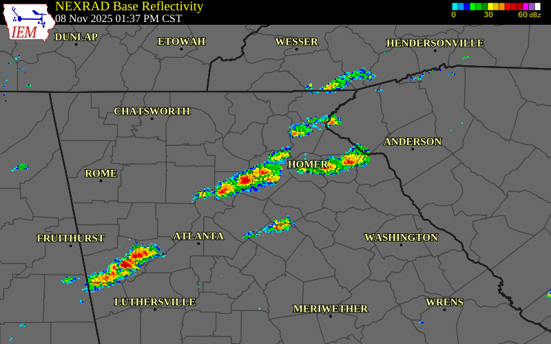 NEXRAD radar during the Saturday, November 8, 2025 storm activity in Dawson County, Georgia