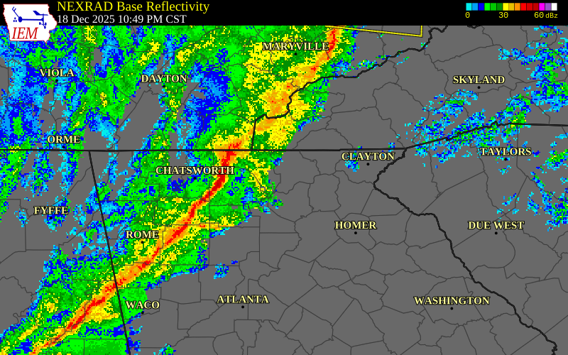 NEXRAD radar during the Thursday, December 18, 2025 storm activity in Dawson County, Georgia