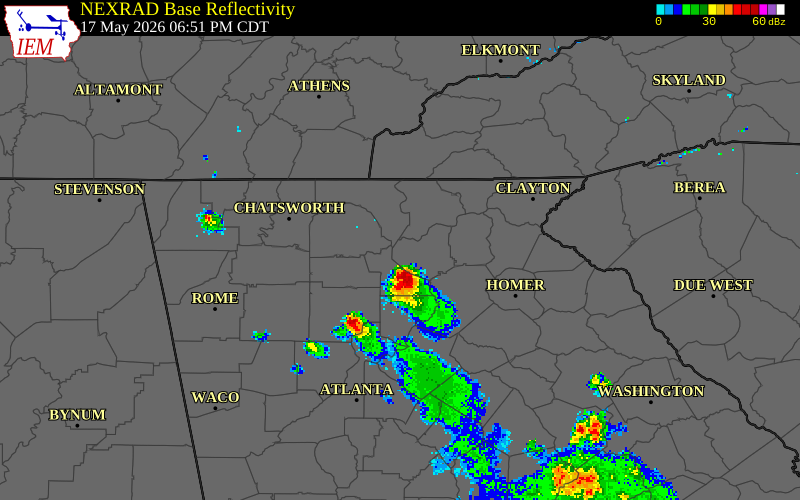NEXRAD radar during the Sunday, May 17, 2026 storm activity in Dawson County, Georgia
