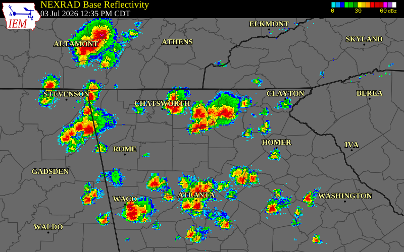 NEXRAD radar during the Friday, July 3, 2026 storm activity in Dawson County, Georgia