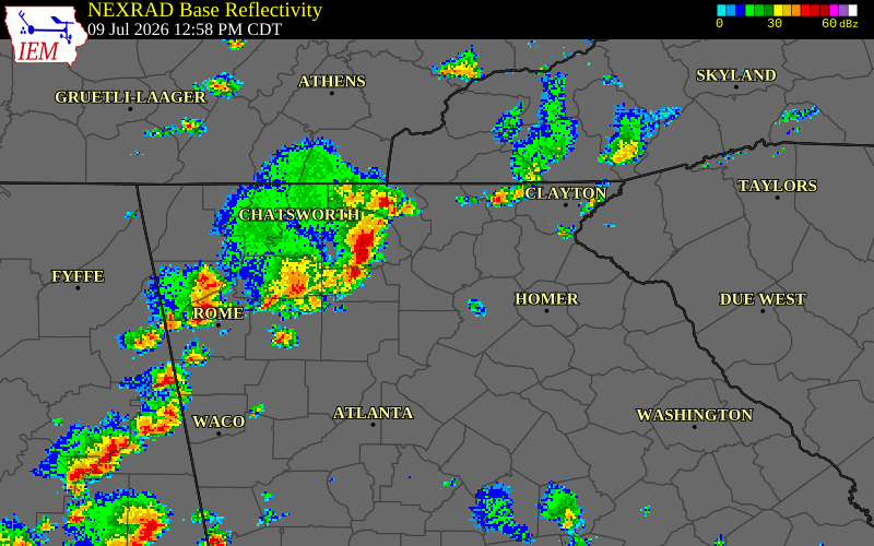 NEXRAD radar during the Thursday, July 9, 2026 storm activity in Dawson County, Georgia