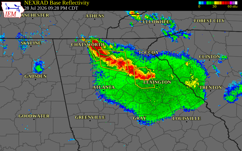 Radar snapshot during the Jul 28, 2026 wind event near Dawson County, Dawson County, Georgia, with NWS warning polygons