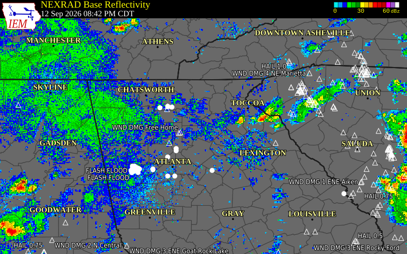 Current NEXRAD radar over Dawson County, Georgia with recent storm report locations