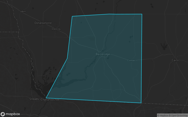 Map of Decatur County, Georgia showing the county boundary and surrounding cities