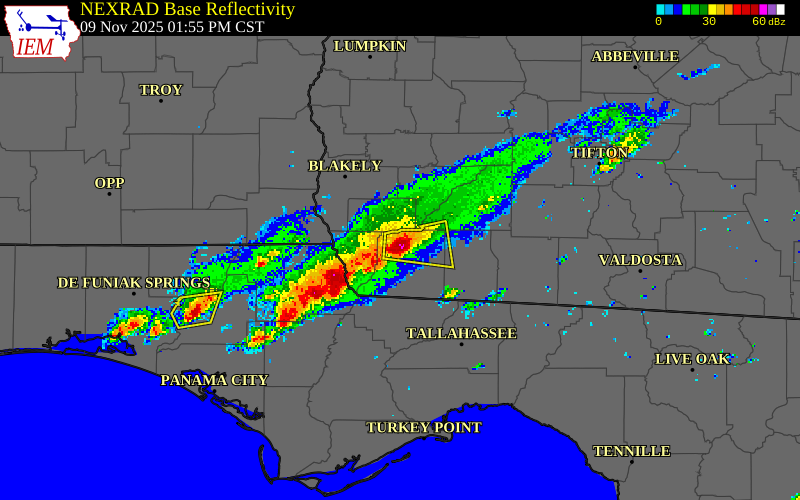 NEXRAD radar during the Sunday, November 9, 2025 storm activity in Decatur County, Georgia