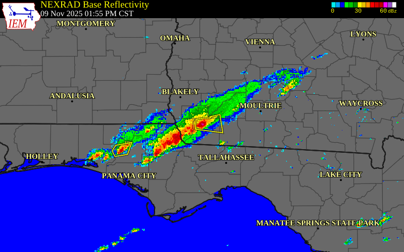 Radar snapshot during the Nov 9, 2025 wind event near Decatur Co a/P, Decatur County, Georgia, with NWS warning polygons