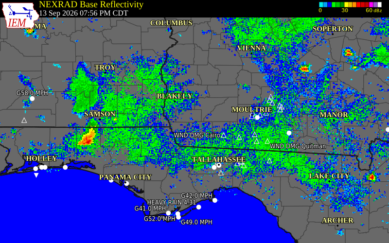 Current NEXRAD radar over Decatur County, Georgia with recent storm report locations