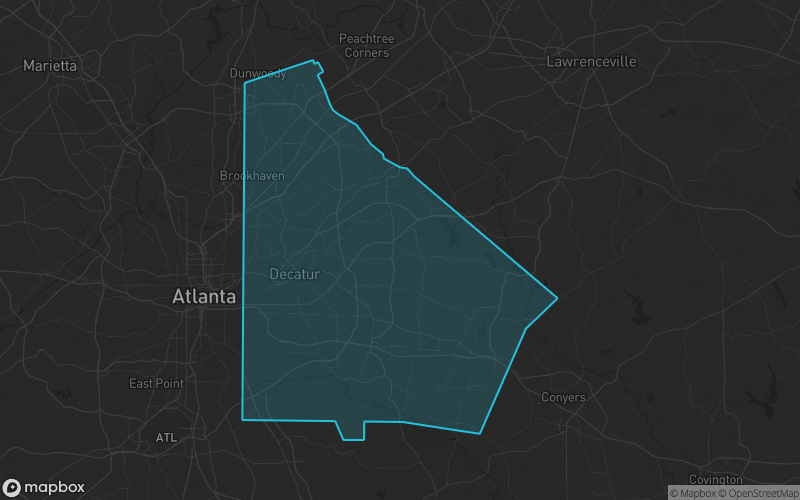 Map of DeKalb County, Georgia showing the county boundary and surrounding cities