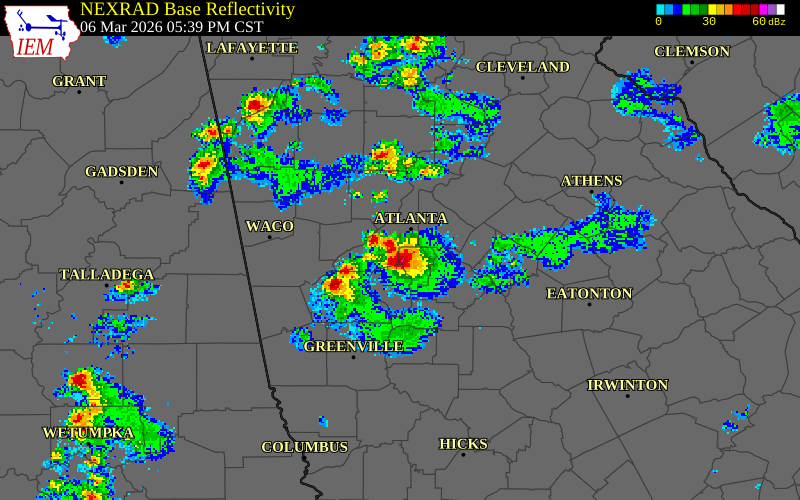 NEXRAD radar during the Friday, March 6, 2026 storm activity in DeKalb County, Georgia