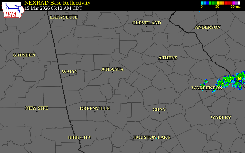 NEXRAD radar during the Sunday, March 15, 2026 storm activity in DeKalb County, Georgia