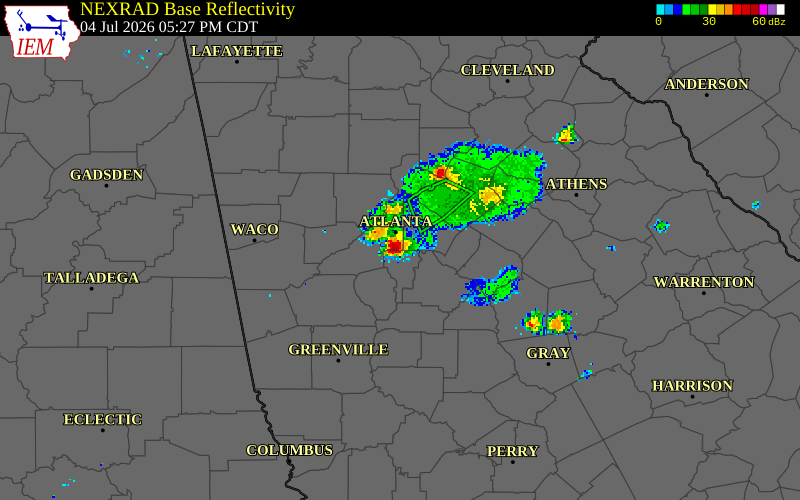 NEXRAD radar during the Saturday, July 4, 2026 storm activity in DeKalb County, Georgia