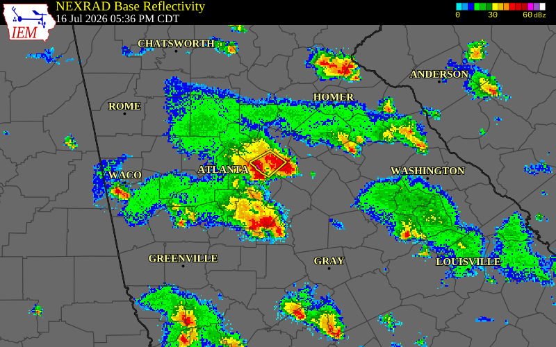 NEXRAD radar during the Thursday, July 16, 2026 storm activity in DeKalb County, Georgia