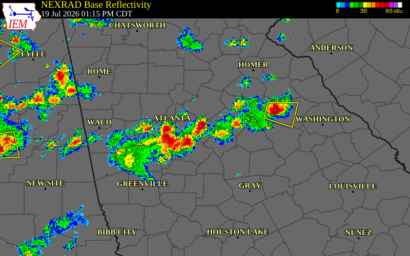 NEXRAD radar during the Sunday, July 19, 2026 storm activity in DeKalb County, Georgia