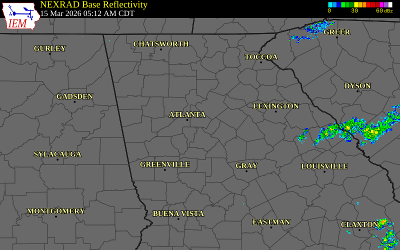 Radar snapshot during the Mar 15, 2026 tornado event near 1 SSW Snapfinger, DeKalb County, Georgia, with NWS warning polygons