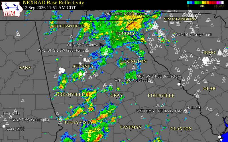 Current NEXRAD radar over DeKalb County, Georgia with recent storm report locations