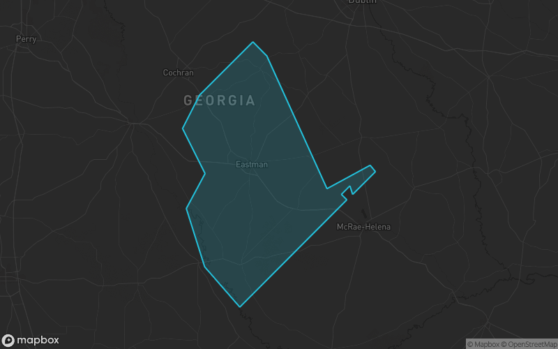 Map of Dodge County, Georgia showing the county boundary and surrounding cities