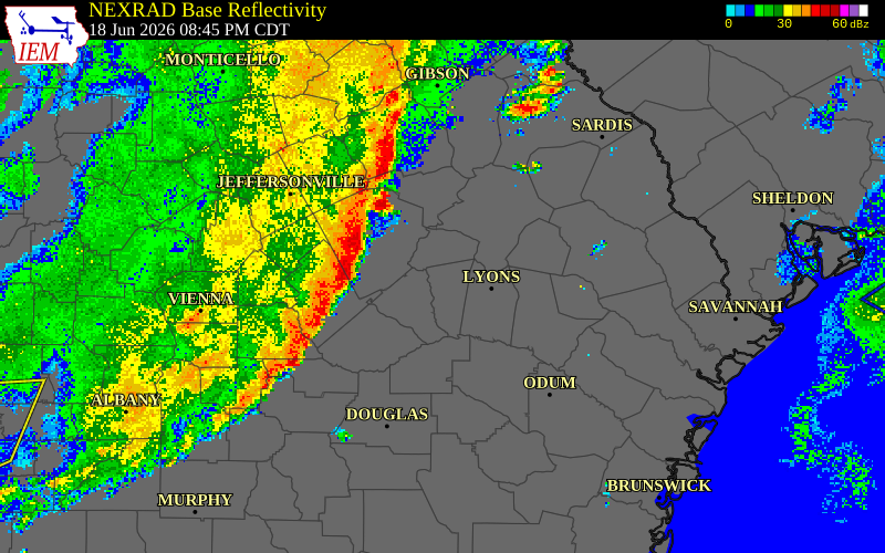 NEXRAD radar during the Thursday, June 18, 2026 storm activity in Dodge County, Georgia