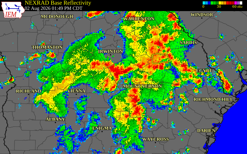 NEXRAD radar during the Sunday, August 2, 2026 storm activity in Dodge County, Georgia