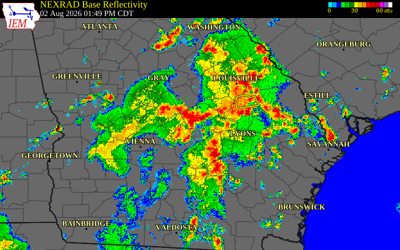 Radar snapshot during the Aug 2, 2026 wind event near Dodge County, Dodge County, Georgia, with NWS warning polygons